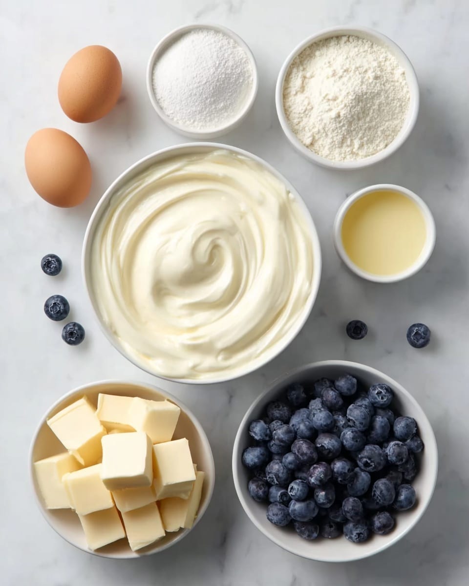 The image shows a white marbled surface with seven white dishes and one brown egg arranged on it. In the center is a bowl filled with creamy white whipped mixture with soft swirls. To the left and below it are bowls holding pale yellow butter cubes and fresh dark blue blueberries respectively. Above the bowl on the left is a smaller bowl with fine white powder, and next to it is a smaller bowl with granulated white sugar placed below the brown egg. To the right of the central bowl is a bowl filled with pale yellow liquid, and some scattered blueberries are placed around the bowls. photo taken with an iphone --ar 4:5 --v 7
