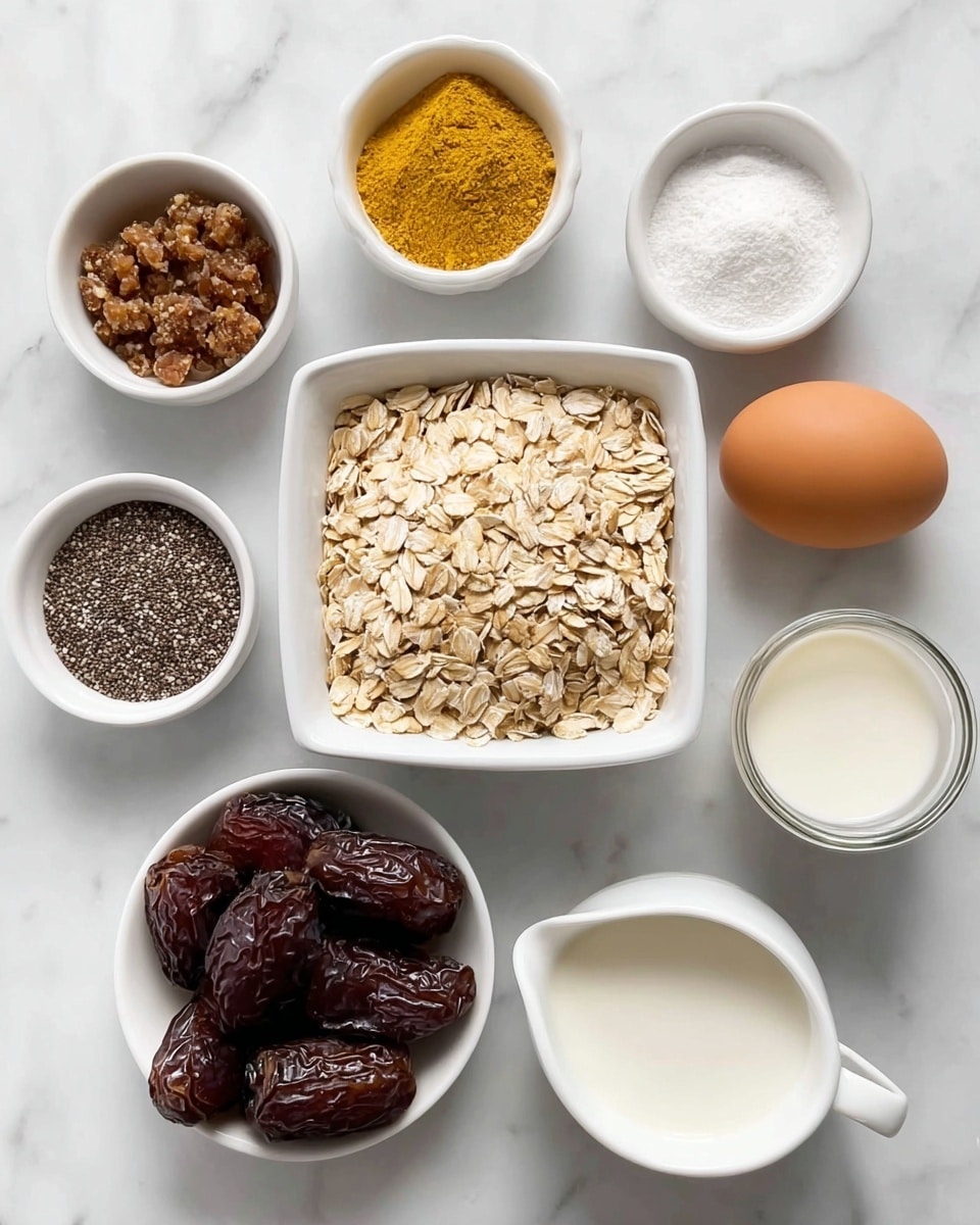 The image shows several small white bowls and dishes placed on a white marbled surface, each filled with different ingredients. In the center is a white square dish filled with light beige rolled oats. To its right are two brown eggs lying side by side. Above the eggs is a small white bowl filled with golden brown sugar, and next to it, another small bowl filled with a chunky, dark brown mixture. On the left side near the top is a white divided dish with three ground spices in brown and light brown shades. Below this is a small white bowl with dark brown chia seeds. Next to that is a white bowl filled with several shiny, dark brown dates. Below the eggs is a white bowl filled with bright yellow grated ginger. Next to it is a small white bowl with fine white salt, and at the bottom right corner, a white pitcher contains a white liquid, likely milk. The setup is neat with good lighting from above in a clean arrangement, photo taken with an iphone --ar 4:5 --v 7