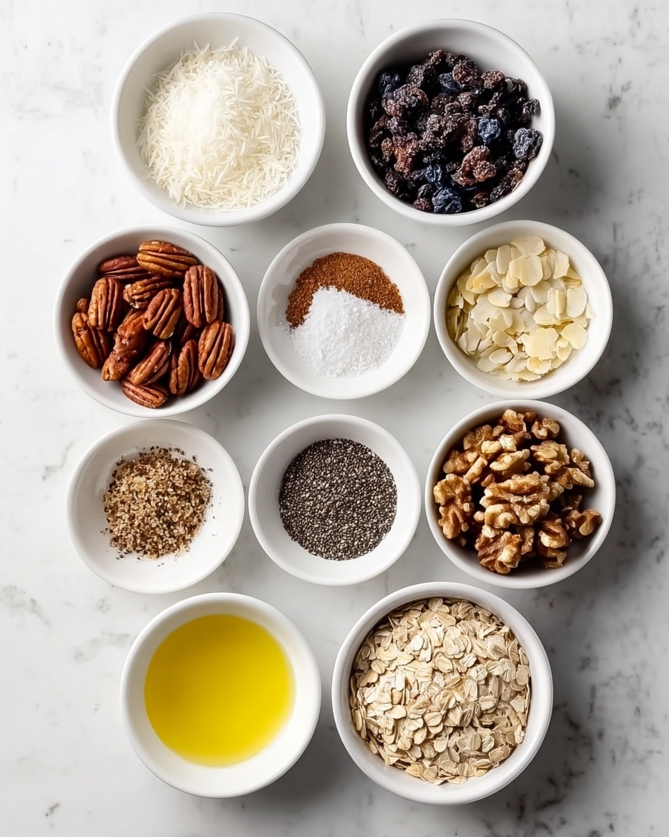 The image shows nine white bowls arranged neatly on a white marbled surface, each filled with a different ingredient needed for a recipe. Starting from the top left, there is a bowl full of shredded coconut with a soft, white texture. To its right, a bowl holds whole pecans with a rich brown color and a textured surface. Below the coconut is a bowl of dark dried blueberries with a wrinkled look, and next to it is a bowl containing a mix of fine cinnamon powder and light brown sugar. To the right of that, there is a bowl of tiny black and white chia seeds. Below the blueberries is a bowl filled with fine white salt, with a smooth appearance. Beside it is a bowl of pale, flat almond slices. Next to the almonds is a small bowl with a bright yellow liquid, likely melted butter or oil. At the bottom left is a bowl packed with large walnut halves with a textured and uneven surface. Finally, to the right, a bowl holds rolled oats with a rough white and beige texture. Photo taken with an iphone --ar 4:5 --v 7