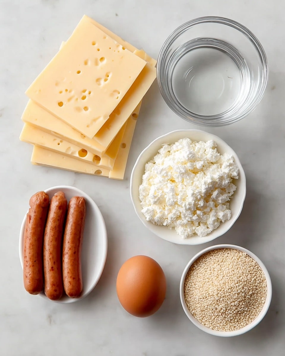 The image shows six main ingredients arranged neatly on a white marbled surface. On the left, there are five small brown sausages grouped together with a shiny cooked texture. Above the sausages, four slices of pale yellow cheese are stacked with small holes visible on the top slice. Beside the cheese, there is a brown egg placed horizontally. On the right side, three white bowls hold different ingredients: the top bowl contains clear water, the middle bowl is filled with crumbly white cottage cheese, and the bottom bowl has small, round white sesame seeds. The arrangement is clean and well-lit, with all elements clearly visible. photo taken with an iphone --ar 4:5 --v 7