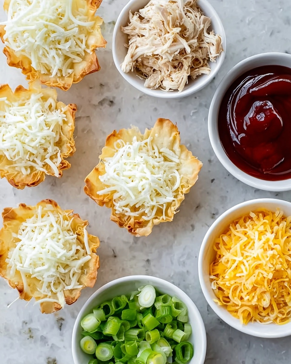 The image shows several small white cups made from thin, crispy, light golden pastry sheets, each filled with white shredded cheese. Around these cups are four small white bowls placed on a white marbled surface. One bowl holds shredded yellow cheese, another has bright green chopped scallions, the third contains shredded white cooked chicken, and the last bowl is filled with a thick, shiny red sauce. The arrangement is neat and bright with a soft, natural light. photo taken with an iphone --ar 4:5 --v 7