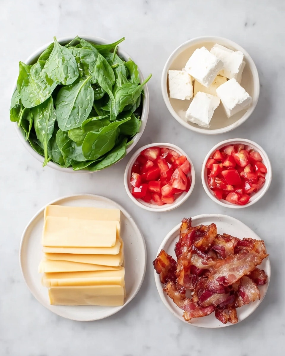 The image shows six white dishes arranged on a white marbled surface, each holding a different ingredient. The top left bowl is filled with fresh, green spinach leaves with a smooth texture, loosely piled. To the right of it is another bowl containing several white cream cheese blocks stacked together with a soft and smooth texture. The center right plate is stacked with crispy, cooked bacon strips that have a shiny, slightly oily surface with deep red and brown colors. Below the spinach bowl is a smaller bowl filled with bright red diced tomatoes, with a fresh, juicy appearance. At the bottom left plate, there are slices of pale yellow cheese stacked neatly with a smooth surface. Lastly, the bottom right bowl also contains diced red tomatoes similar to the smaller bowl above it. Photo taken with an iphone --ar 4:5 --v 7