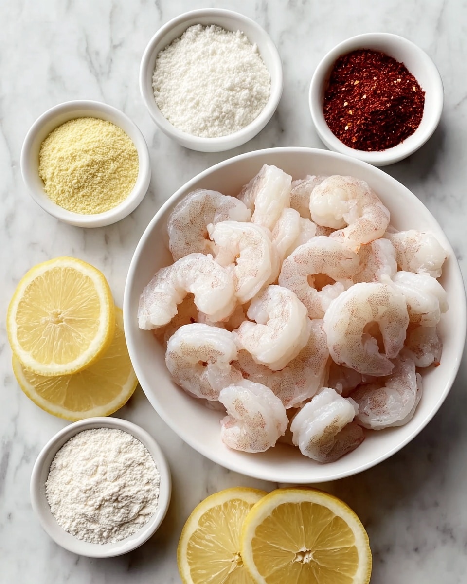 A white bowl filled with many raw shrimp, pale gray and white in color, is placed on a white marbled surface. Around the bowl, there are five small white bowls each containing different ingredients: one has white powder, another has yellow granular powder, a smaller one has dark red spice flakes, and the last has a fine white powder. At the top left, three lemon halves with bright yellow peel and juicy pale yellow flesh sit on the surface. The scene is bright and clean, showing the fresh ingredients clearly. Photo taken with an iphone --ar 4:5 --v 7