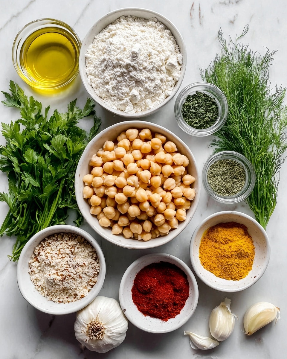 A top view of several white bowls and ingredients on a white marbled surface. At the center is a bowl full of round, light beige chickpeas. Above it to the right is a bowl filled with white flour showing a rough, powdery texture. Below the flour bowl is a smaller bowl containing dried green herbs. To the right of this bowl, there is a smaller dish with bright yellow powdered spice, and below it another dish with deep red powdered spice. Below the chickpeas bowl, there is a whole white garlic bulb with several loose cloves nearby. To the left of the chickpeas, there is a bowl filled with a white and black seasoning mix. Above this bowl, there is a bundle of fresh green herbs with leafy textures. At the top left corner, there is a glass bowl of golden yellow oil. The composition is neat and well-lit, showing clear details of each ingredient. Photo taken with an iphone --ar 4:5 --v 7