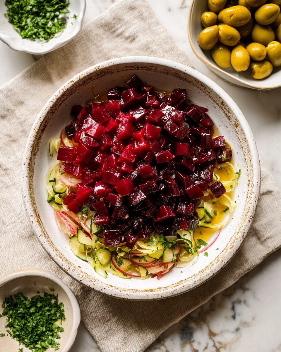 A close-up view of a beet salad in a white bowl, showing about three layers: bright red beet cubes with a glossy texture form the main layer, mixed with thin slices of light purple onion adding a soft curved shape, and chopped green herbs scattered throughout for contrast. There are small pieces of light tan nuts or seeds mixed in, and a shiny dressing that creates small pools and drops on the surface. The background has a white marbled texture. photo taken with an iphone --ar 4:5 --v 7