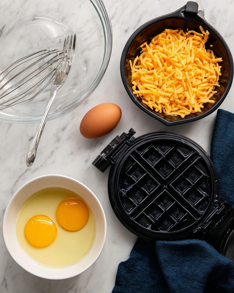 A top view of a white marbled surface showing a small black measuring cup filled with bright orange shredded cheddar cheese on the left. Below it is a white bowl with two raw eggs, the rich yellow yolks sitting in clear egg whites. To the right is an open black waffle maker with a grid pattern, and below is a deep clear glass mixing bowl with a silver fork resting inside. A dark blue cloth is partially visible on the right side. Photo taken with an iphone --ar 4:5 --v 7