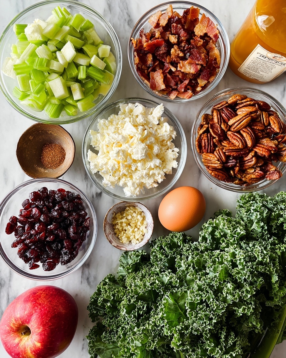 The image shows several clear glass bowls and items arranged on a white marbled surface. In the center, there is a large bowl filled with whole pecans, showing their rich brown color and textured surface. Surrounding this are smaller bowls: one with white crumbled cheese, another with crispy cooked bacon pieces in shades of dark brown and reddish tones, a bowl of dark red dried cranberries, a bowl with light green chopped celery, and a bowl with finely diced light purple shallots. There is also a small bowl with a spice mix of brown and white powder. Nearby, an orange bottle of dressing, a single light brown egg, and a red apple with yellow highlights are seen. Large green kale leaves with curly edges occupy the lower part of the image. photo taken with an iphone --ar 4:5 --v 7