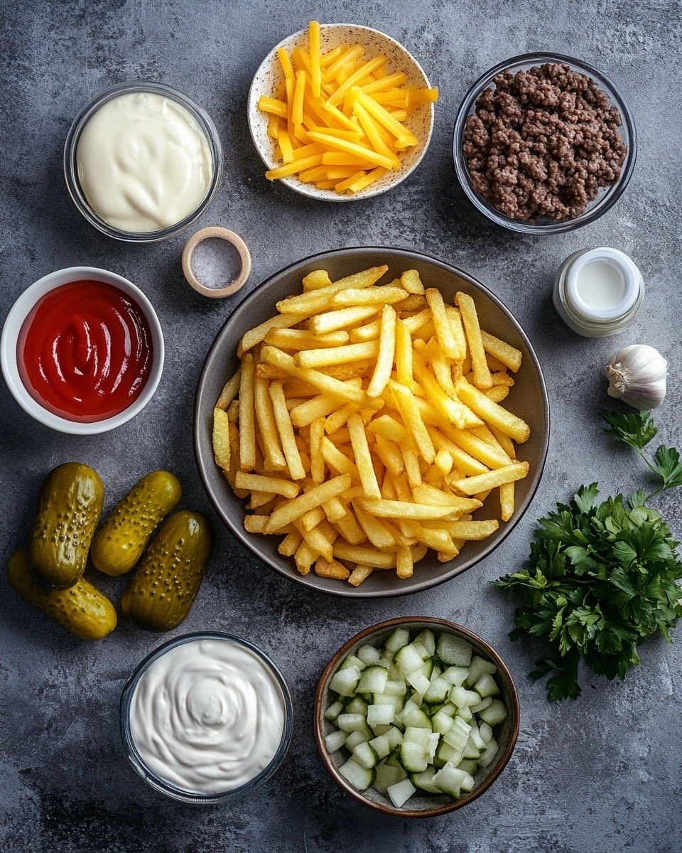 In a round white bowl, there are three main layers: at the bottom, golden French fries with a crispy texture, in the middle, a generous layer of browned ground beef pieces, and on top, thick melted orange cheddar cheese that covers the beef fully. Diced red tomatoes and small green parsley flakes are scattered on the cheese, adding bright color. The bowl sits on a white marbled surface. Photo taken with an iphone --ar 4:5 --v 7