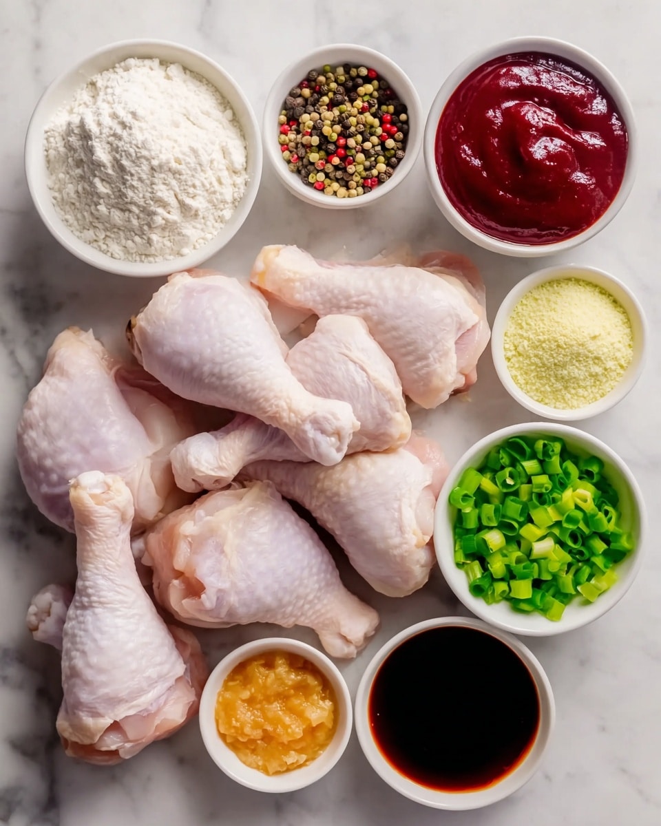 A white oval slow cooker filled with nine cooked chicken drumsticks, all coated in a thick, dark brown sauce that looks rich and sticky. The drumsticks are arranged closely together, some resting on top of others, with their shiny, glazed skin catching light. Scattered finely chopped green onions are sprinkled evenly on top, adding a fresh green color contrast to the dark sauce. The inside edges of the slow cooker show some sauce stains, giving it a homemade feel. The cooker sits on a white marbled surface, and parts of a salad plate with green lettuce and a bowl with cubed bread pieces are visible around it. photo taken with an iphone --ar 4:5 --v 7