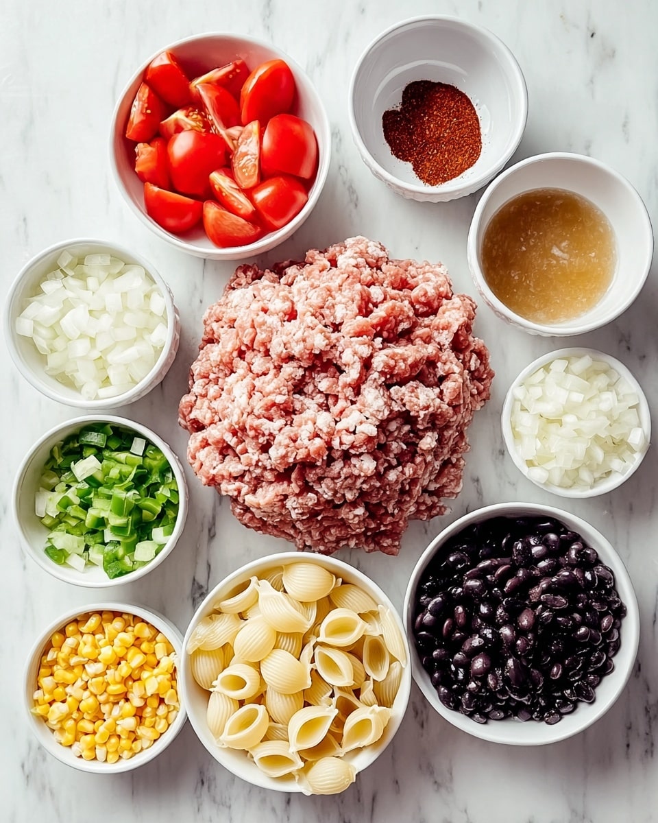 The image shows a white marble surface with seven white bowls arranged neatly, each holding a different ingredient. In the center is a large mound of fresh raw ground meat with a pinkish-red color and visible white fat. To the right, a bowl filled with uncooked shell pasta with a pale yellow color. Above that is a bowl containing a light brown liquid broth with small bits floating in it. Next to the broth is a small bowl of reddish-brown powdered spice. To the left of the ground meat, there is a bowl of bright red grape tomatoes cut in halves, a bowl of finely chopped white onions, and a bowl full of shiny black beans. Below the black beans is a tiny bowl with chopped green chili peppers and small yellow corn kernels. Near the bottom, there is a small clear bowl with shredded white and yellow cheese. photo taken with an iphone --ar 4:5 --v 7
