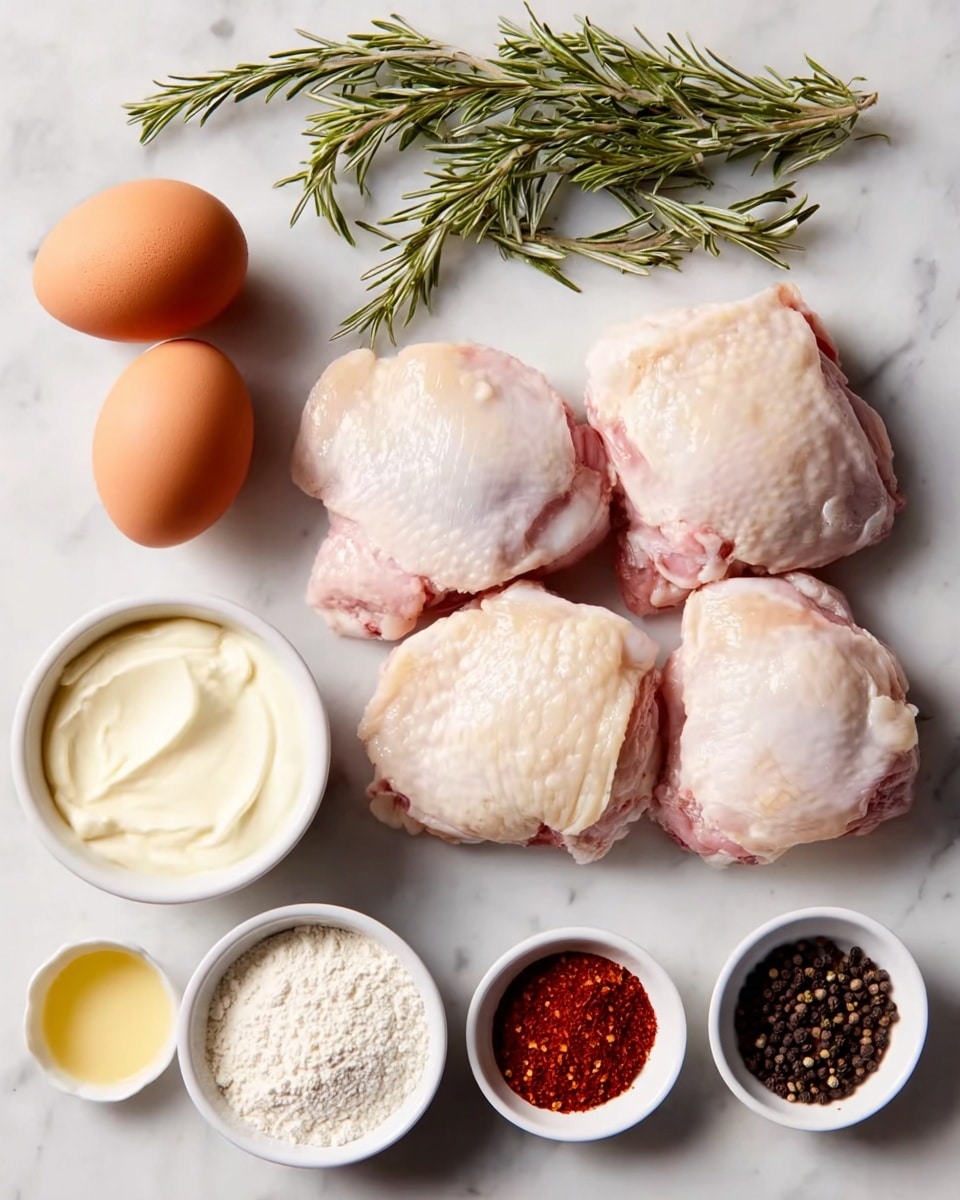 The image shows four pieces of raw chicken thighs with skin, placed in the upper right area on a white marbled surface. To the left of the chicken, there is a bundle of fresh green rosemary. Below the rosemary are two brown eggs side by side. On the lower side of the image, there are five small white bowls arranged in a loose semicircle: the first bowl on the left contains a creamy white sauce, the second has white flour, the middle bowl holds a yellow liquid, likely oil, the fourth bowl contains red chili flakes, and the last bowl on the right has whole black peppercorns. The presentation is neat and clearly spaced. Photo taken with an iphone --ar 4:5 --v 7
