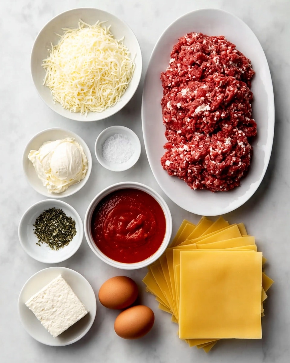 A white marbled surface holds an arrangement of ingredients for cooking. In the top right, a white plate contains a round mound of raw ground meat with a coarse texture and deep red color mixed with white fat. Below it, a neat stack of yellow lasagna sheets with smooth, flat surfaces is placed. To the left of the meat, a white bowl is filled with shredded cheese, light yellow and soft. Just below that bowl, another white bowl holds thick, smooth red tomato sauce. Below these, two small white bowls contain dry spices: one with black and white specks of seasoning, the other with white salt crystals. At the bottom left, a white plate holds a thick square of white, crumbly cottage cheese. Three brown eggs with smooth shells rest on the white marbled surface near the lasagna sheets. The photo taken with an iphone --ar 4:5 --v 7
