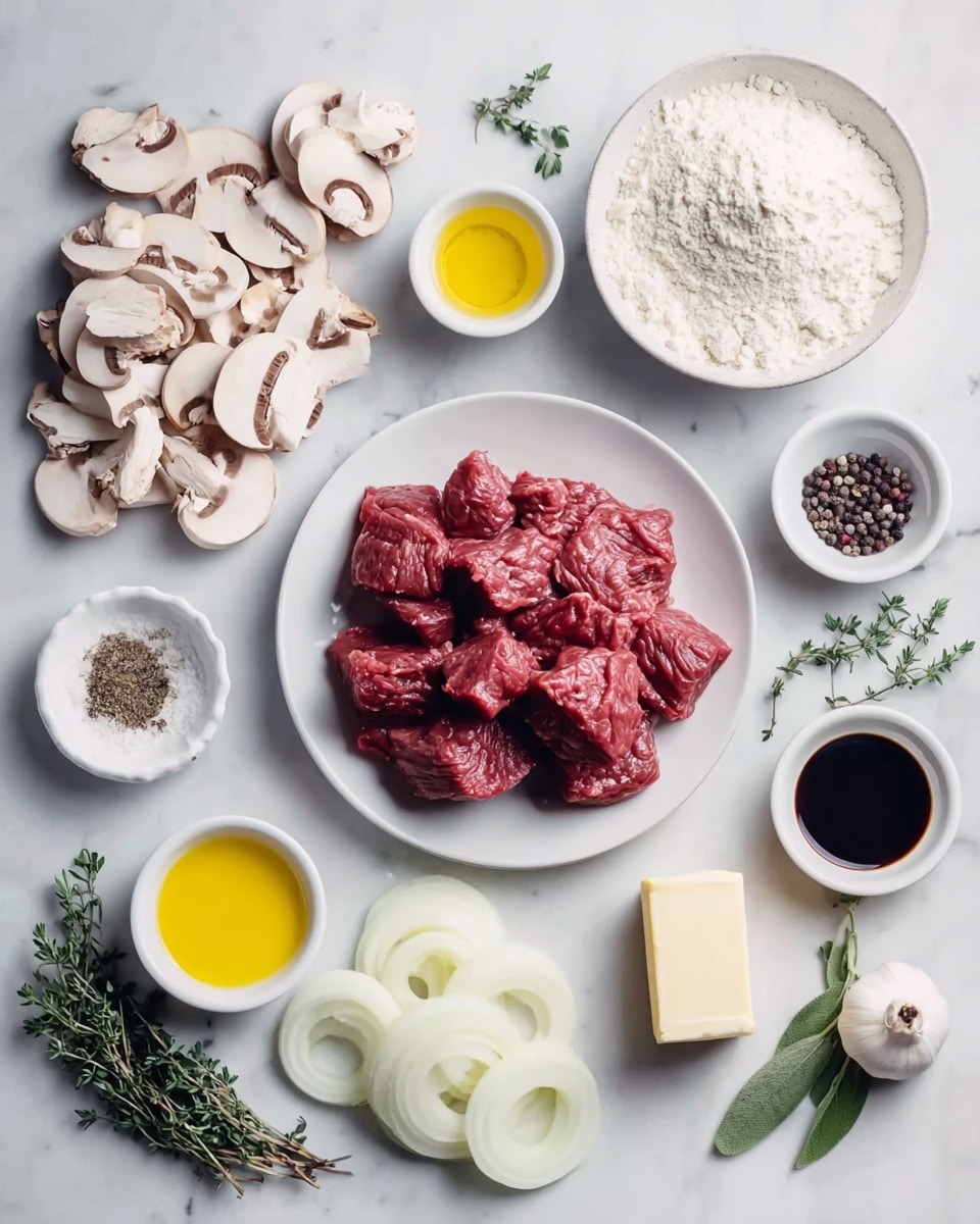 The image shows a top view of various raw cooking ingredients neatly arranged on a white marbled surface. In the center, there is a white plate filled with dark red, chunky pieces of raw meat. Around it, several white bowls hold sliced white mushrooms, pale yellow thinly sliced onions, a mound of white flour, and dark brown liquid sauce. Smaller white dishes contain golden yellow oil, white salt, and a small block of pale yellow butter. Fresh green herbs, black and white peppercorns, and a whole bulb of garlic are also placed artfully around the bowls and plate. The setup is clean with clear colors and textures, each ingredient distinctly visible. Photo taken with an iphone --ar 4:5 --v 7