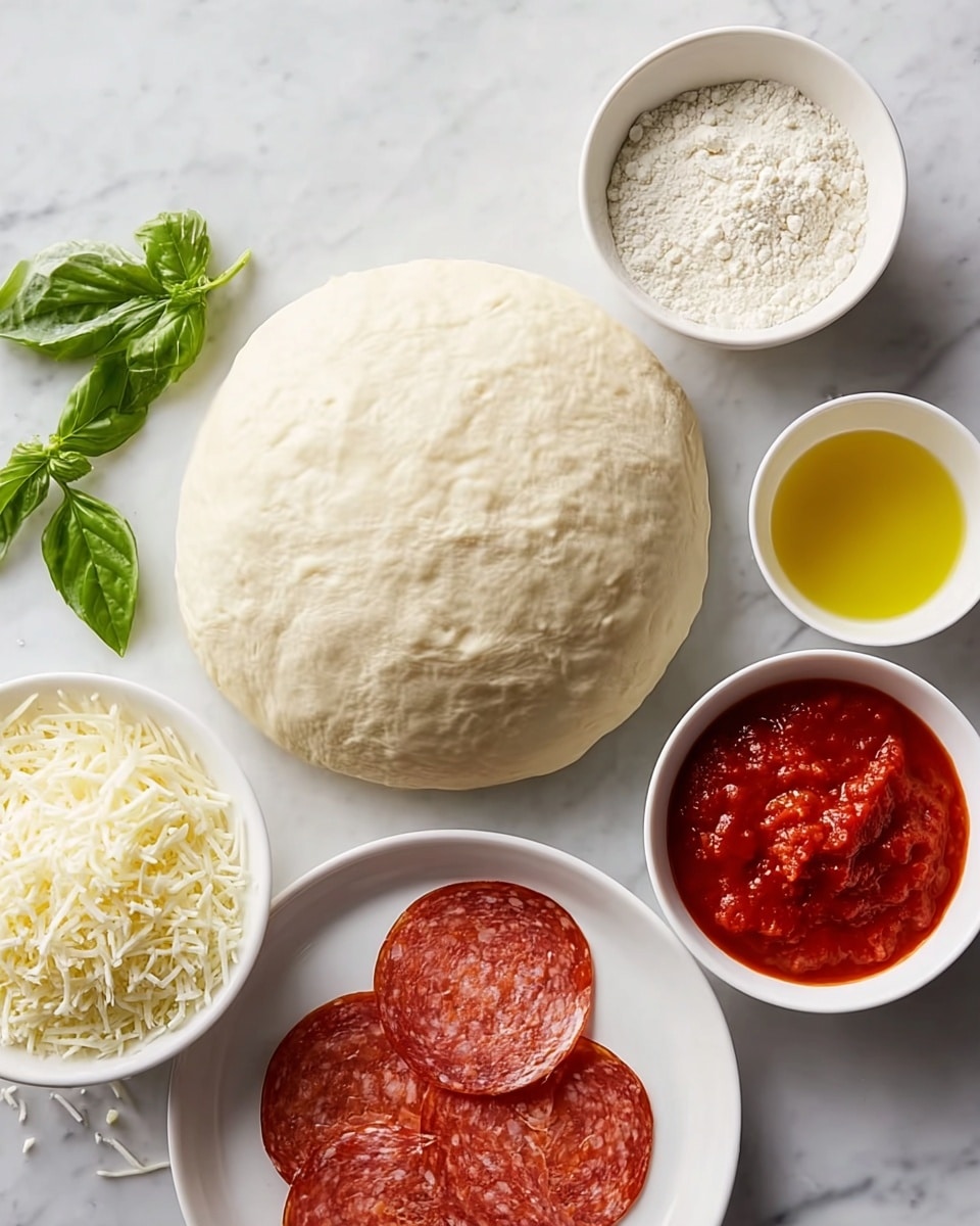 A white marbled surface holding pizza ingredients arranged neatly: in the middle, there is a smooth, round ball of pizza dough with a soft texture, pale cream in color; above the dough, a white bowl filled with fine white flour sits to the left, next to a white small pouring bowl with bright yellow olive oil; to the right, a white bowl holds thick, rich, red tomato sauce with some texture, paired with a small bunch of fresh green basil leaves; below the dough, a white bowl contains shredded white mozzarella cheese with fine, thin strands, and next to it, a white plate carries round slices of reddish-brown pepperoni, visibly textured and stacked slightly overlapping, photo taken with an iphone --ar 4:5 --v 7