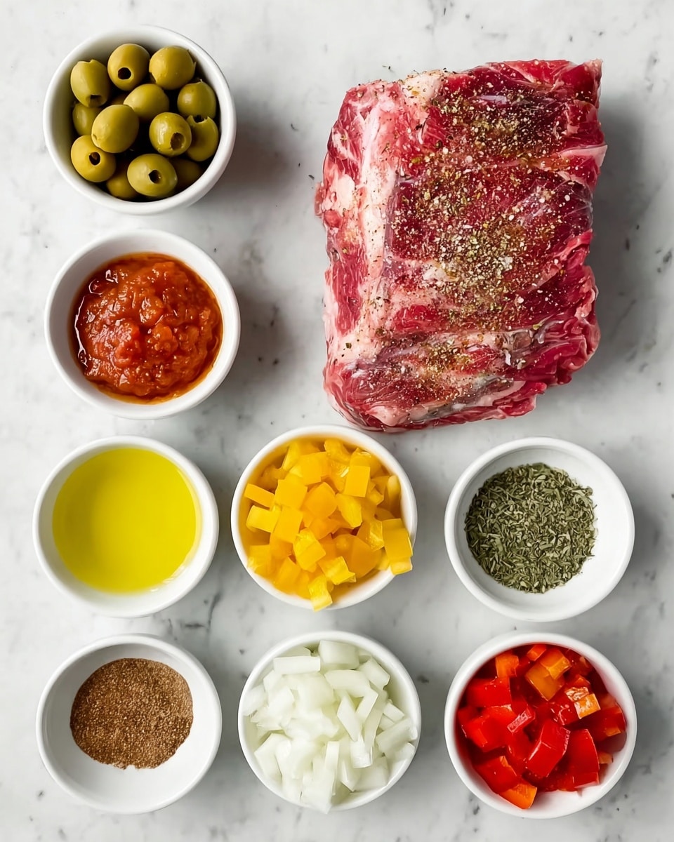 A flat lay of cooking ingredients arranged neatly on a white marbled surface. At the top right, there are three large pieces of raw red meat with white marbling, sprinkled lightly with seasoning. To the left, there is a small white bowl filled with green olives, followed below by another white bowl with bright yellow olive oil. Below that bowl is a third white bowl containing rich red tomato sauce. Towards the bottom left are two small white spoons holding brown and green dried spices. In the center-bottom, there's a white bowl filled with finely chopped red tomatoes, flanked on the right by a white bowl of diced white onions and a white bowl of small yellow diced peppers. The colors contrast vividly against the white marbled surface. Photo taken with an iphone --ar 4:5 --v 7