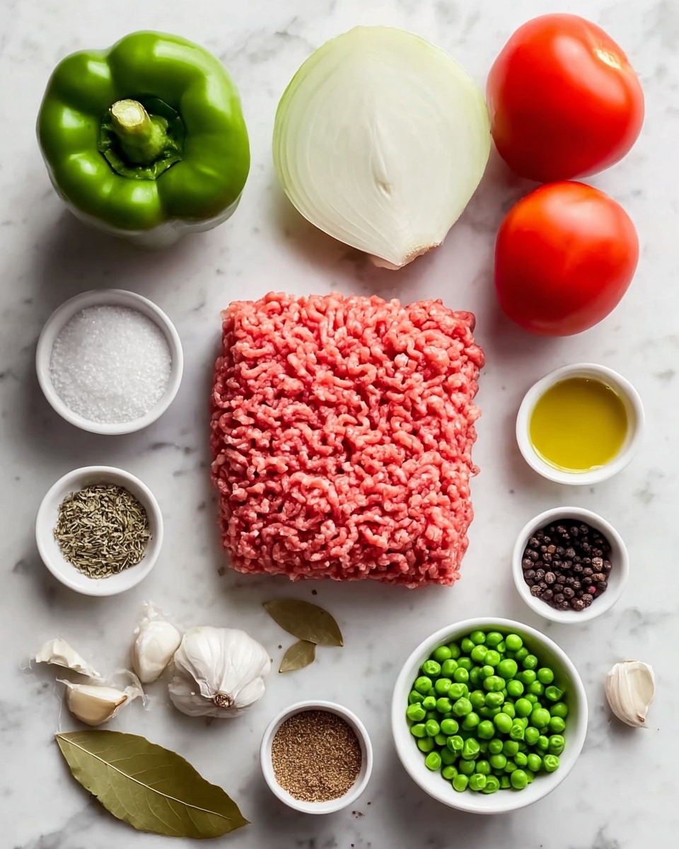 The image shows fresh ingredients arranged neatly on a white marbled surface. At the center is a mound of raw ground meat, pink and textured, surrounded by two whole red tomatoes with stems, a whole white onion, a bulb of garlic with one peeled clove, and a green bell pepper. There are six small white bowls containing chopped onions, green peas, olive oil, mixed peppercorns, dried herbs, salt, and a brown spice. Near the onion lies a single bay leaf. The colors are vibrant and natural, highlighting the freshness and variety of the ingredients photo taken with an iphone --ar 4:5 --v 7