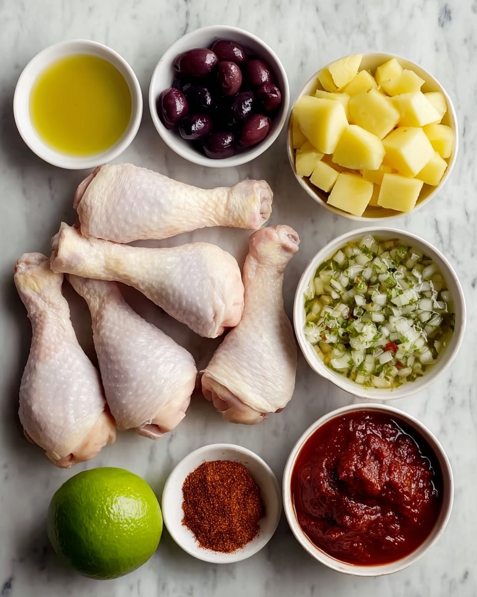 Five raw chicken drumsticks with pale pink skin are arranged in the center on a white marbled surface. To the top left, a white bowl holds dark purple olives with a shiny texture. Below it, another white bowl contains small chopped white onions. At the bottom left corner, a whole green lime is placed near a small white bowl filled with a dark red thick sauce. To the right of the onions, a white bowl contains a reddish-brown powder. Next to it, another white bowl holds a green chunky sauce with visible seeds. To the right of the chicken drumsticks, there is a small white bowl of golden yellow olive oil, and next to it on the surface, light yellow cubed potatoes are placed. The whole setup is on a white marbled surface. photo taken with an iphone --ar 4:5 --v 7