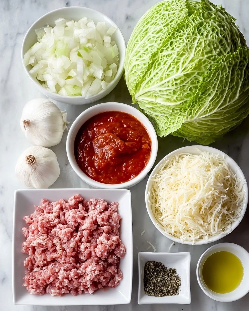 The image shows fresh ingredients laid out on a white marbled surface. In the center is a mound of raw ground meat in a white dish, which has a mix of pink and white textures. Next to it is a bowl filled with grated white cheese, fluffy and soft in appearance. Nearby is a bowl of red tomato sauce, smooth but thick. Fresh chopped white onions fill a small bowl, with pieces that look crisp and moist. Whole garlic bulbs and green leafy cabbage with detailed veiny texture rest beside the bowls. There are small white bowls filled with yellow oil, black and white pepper mix, and dried green herbs, all neatly placed around the other ingredients. photo taken with an iphone --ar 4:5 --v 7