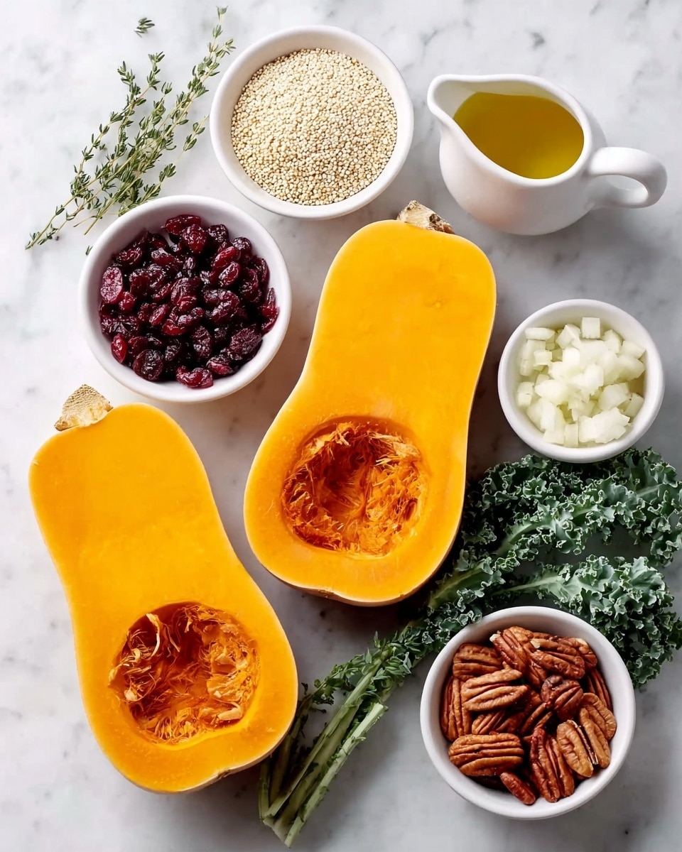 The image shows fresh ingredients arranged on a white marbled surface. There are two halves of a bright orange butternut squash, hollowed out, placed diagonally opposite each other. Around them are small white bowls containing diced white onions, dark red dried cranberries, pale quinoa grains, and a handful of brown pecans. Fresh green kale leaves and a few sprigs of thyme add a touch of green, while a small white pitcher filled with golden olive oil completes the setup. The colors are vibrant and textures vary from smooth squash flesh to the roughness of pecans and fluffy quinoa. photo taken with an iphone --ar 4:5 --v 7