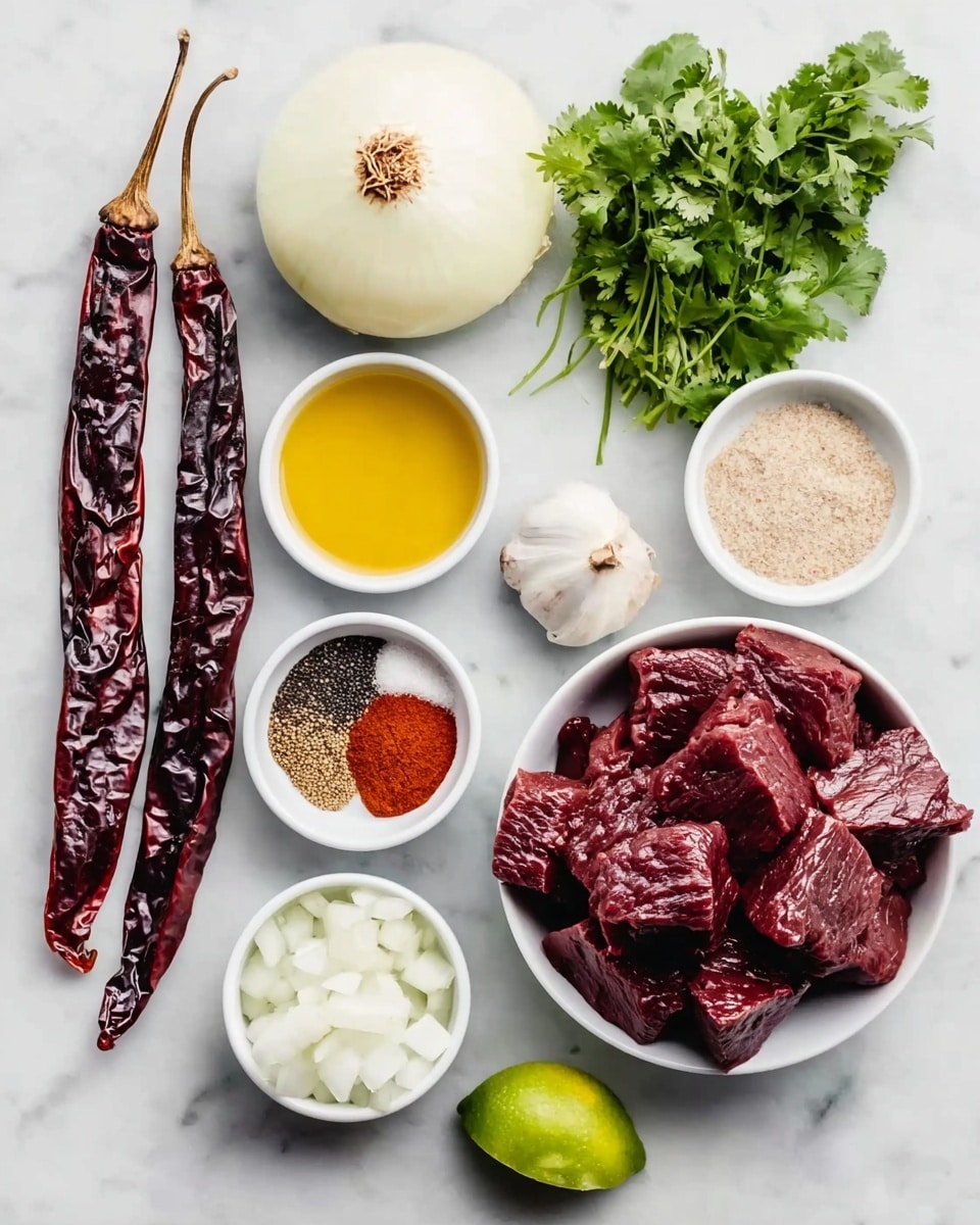 The image shows a white marbled surface with several ingredients neatly arranged. On the right, a white bowl is filled with dark red, chunky pieces of raw beef with a slightly marbled texture. To the left of the beef, a white bowl contains diced white onions with a soft, translucent look. Above the onions is a small bunch of fresh, bright green cilantro with delicate leaves. Near the top left are three long, dark brown dried chili peppers with some wrinkles and curled stems. To the right of the chilies is a small, whole white onion with a smooth surface. Next to this onion, a white bowl holds golden yellow oil with a smooth, glossy texture. Below the oil, a white bowl contains a greenish-grey ground spice, and next to that, a smaller white bowl holds a mix of red chili powder and white salt, contrasting in color. On the far right, a whole bulb of garlic with a rough, light tan base is visible. At the bottom center, a lime wedge with bright green skin and juicy pale green inside completes the arrangement. photo taken with an iphone --ar 4:5 --v 7