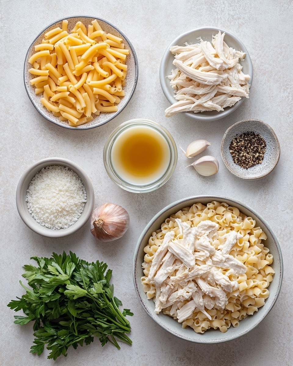 The image shows a close-up of a baked pasta dish in a white bowl placed on a white marbled surface. The pasta is layered with a creamy, melted cheese topping that is slightly browned and bubbly in places, creating a rich texture. There are visible pieces of golden-brown cooked chicken mixed throughout, with some parts showing a bit of crispiness. Small green herb sprinkles, likely parsley, add a touch of color on top of the cheese layer, enhancing the dish's appeal. The bowl is gently curved with a smooth, glossy finish. photo taken with an iphone --ar 4:5 --v 7