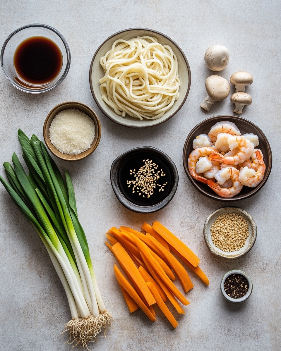 A white bowl holds a noodle dish with three light brown noodles at the base, mixed with bright green slices of jalapeno and green scallion pieces on top. Orange carrot slices and light green zucchini pieces add color throughout, with small light pink shrimp placed on top. A pair of wooden chopsticks rests on the edge of the bowl, gripping a piece of pink pickled ginger. Next to the bowl, an orange cloth napkin lies on a white marbled surface, with a black pan partially visible holding more of the same dish. Fresh green scallions are placed in the background. photo taken with an iphone --ar 4:5 --v 7
