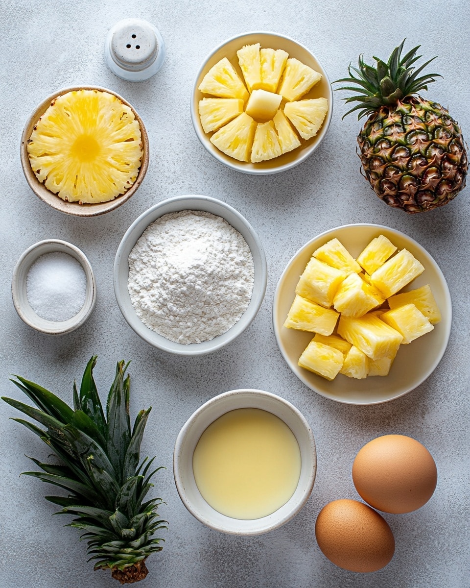The image shows three stacked rings of cooked pineapple slices, each ring composed of yellow pineapple segments arranged in a circle with a hole in the middle, and each slice has a shiny, juicy texture. Each ring is coated with a layer of large sugar crystals that glisten on the pineapple’s surface, adding a sparkling effect especially around the edges. The pineapple rings have slightly browned edges, giving a caramelized look, and they are placed on a white plate set on a white marbled surface. The photo focuses closely on the pineapple stack, capturing the glossy, sweet texture of the fruit and sugar. photo taken with an iphone --ar 4:5 --v 7