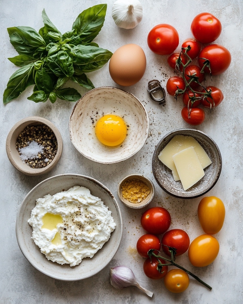 The image shows several square puff pastries with three layers each. The bottom layer is a golden-brown, flaky puff pastry base with a shiny crust. The middle layer is a creamy, white cheese spread that fills the center of each square. The top layer has slices of red and yellow cherry tomatoes, arranged in groups of two or three on each pastry, sprinkled with fresh green basil strips and black pepper. The pastries are placed close together on a light beige parchment paper. The photo taken with an iphone --ar 4:5 --v 7