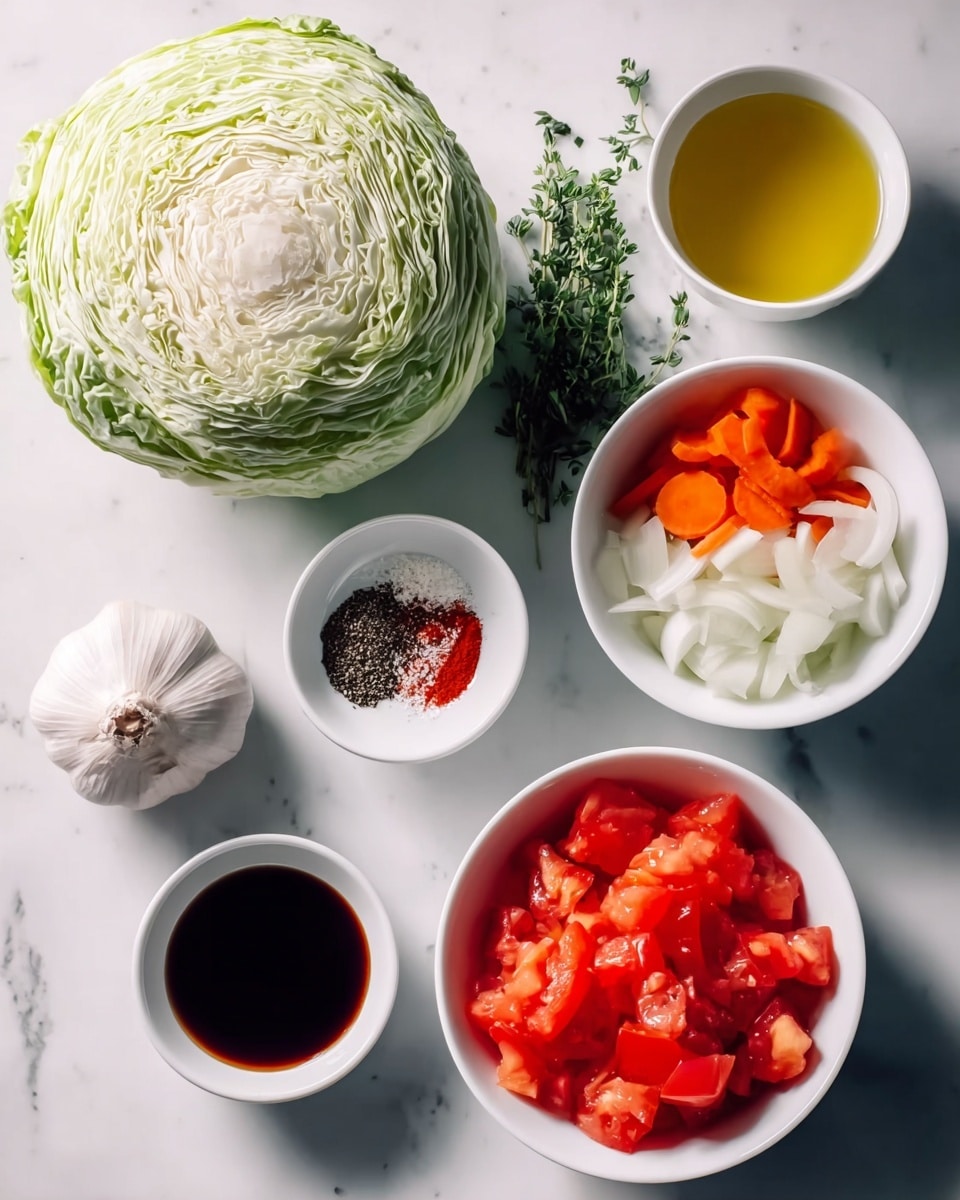 The image shows a white marbled surface with several white bowls and ingredients arranged neatly. At the top left, there is a large half green cabbage with visible layers and textures. To the right of the cabbage, a white bowl contains peeled small onions and cut orange carrot pieces. Below this bowl, another white bowl holds a dark liquid, which looks like soy sauce. In the bottom right corner, a white bowl is filled with fresh, red, chopped tomatoes. To the left of the tomato bowl, there is a small white bowl with mixed seasonings of black, white, and red colors. Above this seasoning bowl, a whole bulb of garlic sits on the marble. Near the bottom left, there is a tiny white bowl with light yellow oil and a bunch of fresh green herbs placed beside it. The setting is bright with soft shadows, laid out neatly for cooking. photo taken with an iphone --ar 4:5 --v 7