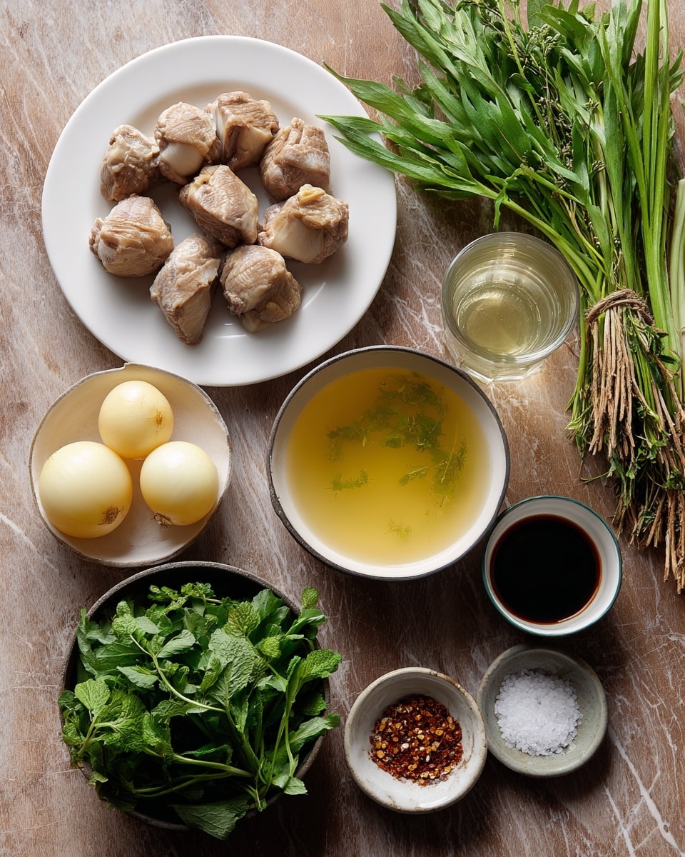 A top view of various ingredients arranged on a white marbled texture, featuring a white plate with several pieces of cooked, brownish meat in the top left; next to the plate is a clear glass with light yellow liquid; on the right side, a bunch of fresh green herbs with roots tied by a string. Below the meat plate, a smaller white bowl holds three small white onions. In the center, a white bowl with light yellow liquid and ice cubes sits next to a white bowl filled with bright green chopped herbs. On the bottom right corner, two small white dishes contain dark brown soy sauce and a mix of salt, pepper, and chili oil. All items are well lit with natural light, showing clear textures and colors photo taken with an iphone --ar 4:5 --v 7