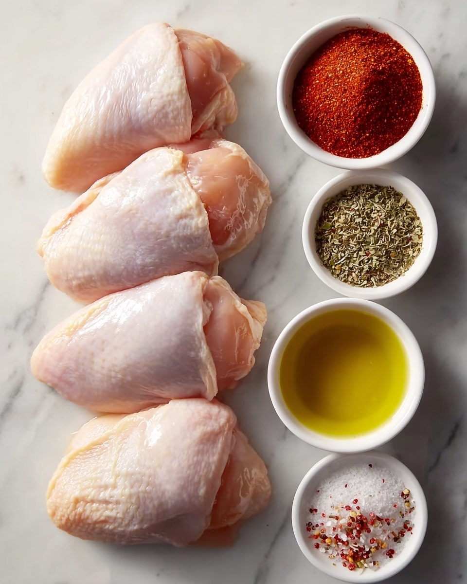 The image shows four pieces of raw chicken placed vertically on the left side over a white marbled surface, each piece light pink with a shiny smooth texture. To the right of the chicken, there are five white small bowls arranged vertically, each filled with different ingredients: from top to bottom, a heap of light brown coarse sugar, a bowl of reddish-brown powdered seasoning, a mix of dried herbs and spices with green, red, and white small bits, a bright yellow liquid oil, and a bowl containing a mix of white salt with specks of red and black spices. The overall layout is neat and organized, presenting all the ingredients clearly. Photo taken with an iphone --ar 4:5 --v 7