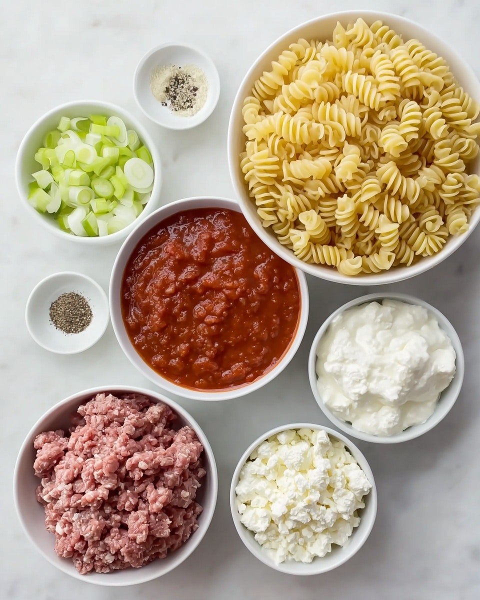 A white bowl filled with cooked yellow spiral pasta is placed on a white marbled surface. Surrounding it are six smaller white bowls each holding different ingredients: bright green sliced leeks, white cottage cheese, diced white onions mixed with black pepper, a rich red tomato sauce, a pile of raw ground meat with pink and brown tones, and a small heap of thick white cream. The layout is neat and the colors contrast well against the white bowls and marbled background. photo taken with an iphone --ar 4:5 --v 7
