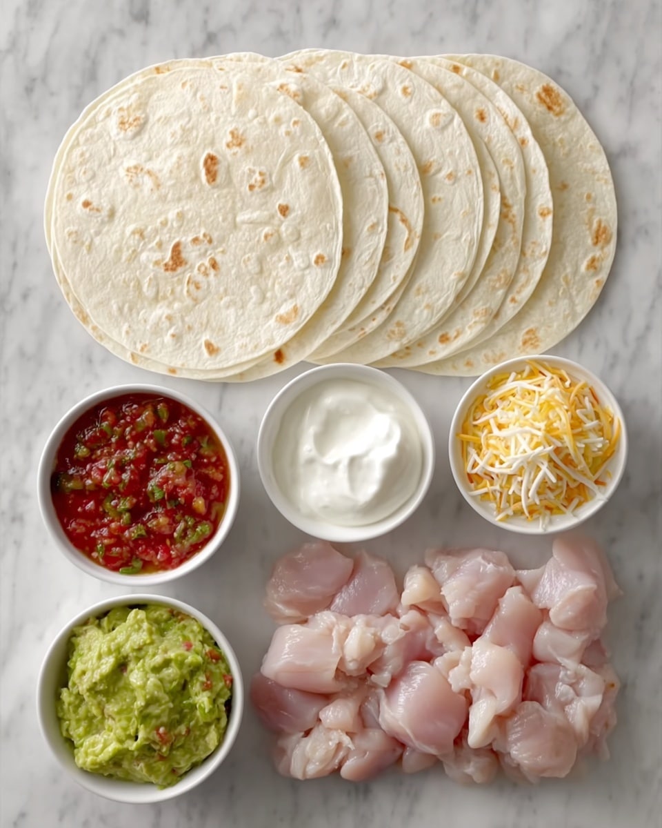 The image shows six soft white tortillas stacked on a white marbled surface. Below them are five small white bowls arranged in a semi-circle. The first bowl on the left holds red salsa with visible tomato chunks and herbs. Next to it, a bowl contains light green guacamole with a smooth but chunky texture. The middle bowl is filled with shredded cheese in yellow and white. Below these, there is a bowl of smooth white sour cream. On the right side near the bottom, raw pale pink chicken pieces are grouped together. photo taken with an iphone --ar 4:5 --v 7