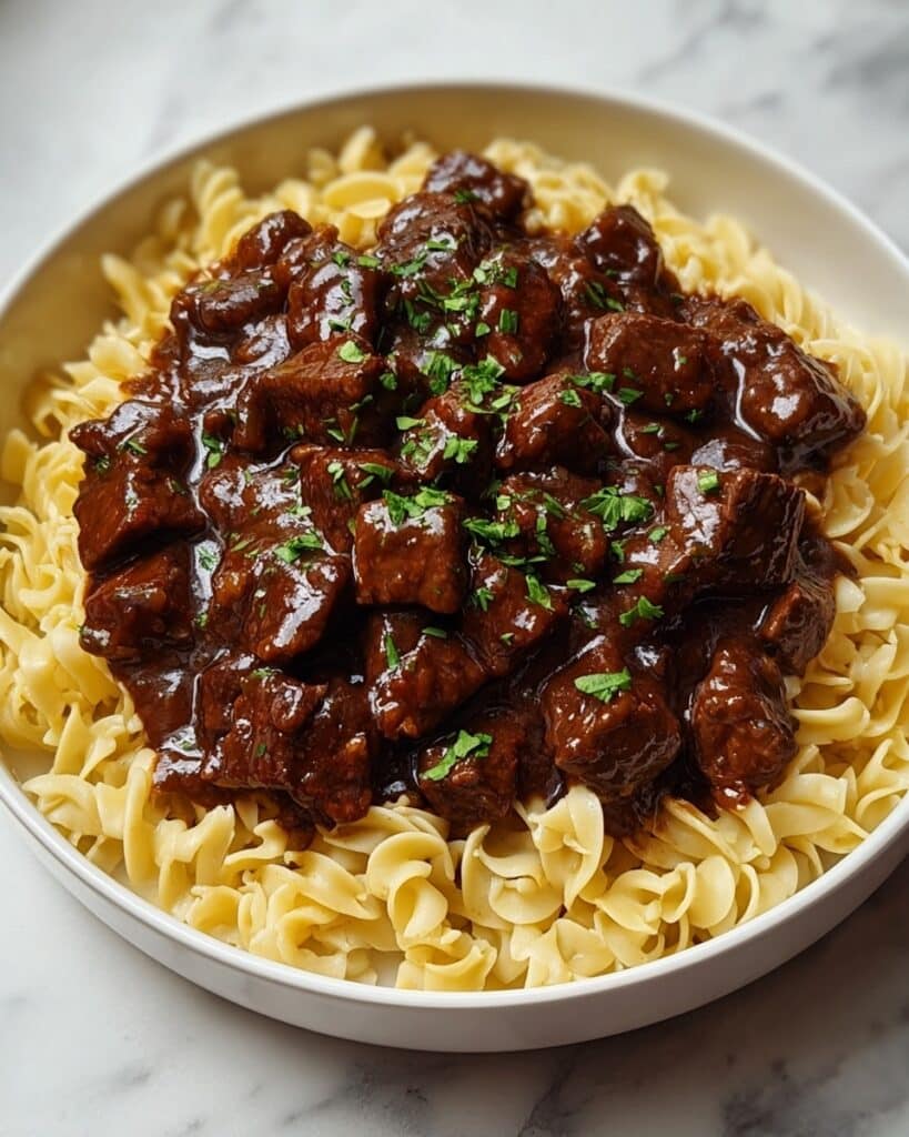 Easy Crockpot Beef Tips & Noodles Recipe