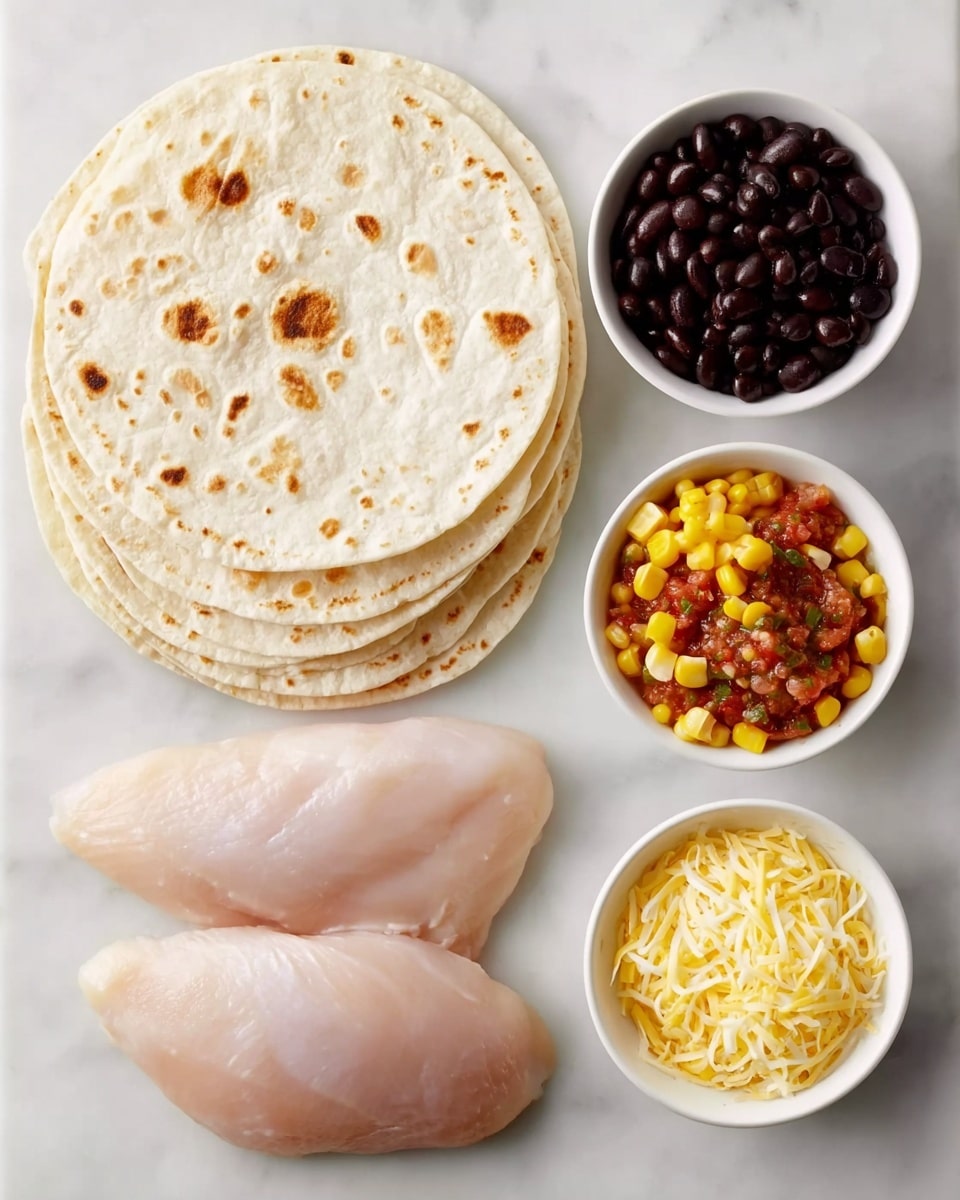 A white marbled surface holds a layered stack of soft, light tan tortillas with small brown spots scattered on top, positioned on the left side. To the right, there are four white bowls arranged vertically: the top bowl contains dark purple-black beans, the next has chunky red salsa with green bits, followed by bright yellow corn kernels, and at the bottom, a bowl filled with shredded white cheese. Below the tortillas and bowls, two raw, pale pink chicken pieces lie side by side, smooth and glossy. The overall scene is clean and organized with clear separation between each ingredient photo taken with an iphone --ar 4:5 --v 7