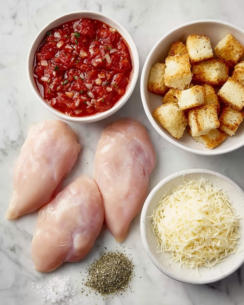 The image shows three pieces of raw, smooth, pale pink chicken placed side by side on a white marbled surface. Above the chicken, a white bowl holds bright red tomato sauce with small bits of herbs and garlic. To the right, another white bowl is filled with golden-brown toasted bread cubes that look crisp on the outside. Below the chicken and towards the right, there is a smaller white bowl filled with shredded pale yellow cheese. To the left of the chicken, small piles of dried green herbs and white salt are scattered on the white marbled surface. The whole setup is clean and brightly lit. photo taken with an iphone --ar 4:5 --v 7