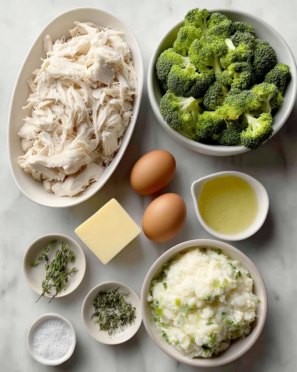 The image shows several ingredients neatly arranged on a white marbled surface. There is a white bowl filled with shredded white chicken meat on the top left, next to a white bowl full of fresh, green broccoli florets on the top right. Below the bowl of chicken are two brown eggs lying side by side. To the right of the eggs, there are three small white bowls; one contains mixed green herbs, the second has a green herb sprig over white salt, and the third has fresh thyme leaves. Beside these bowls, there is a light yellow square of butter. On the bottom left, there is a small white bowl filled with a pale yellow liquid, and on the bottom right, a white bowl holds a mixture of white crumbled cheese with small green pieces. All items are crisply arranged and clearly visible. photo taken with an iphone --ar 4:5 --v 7