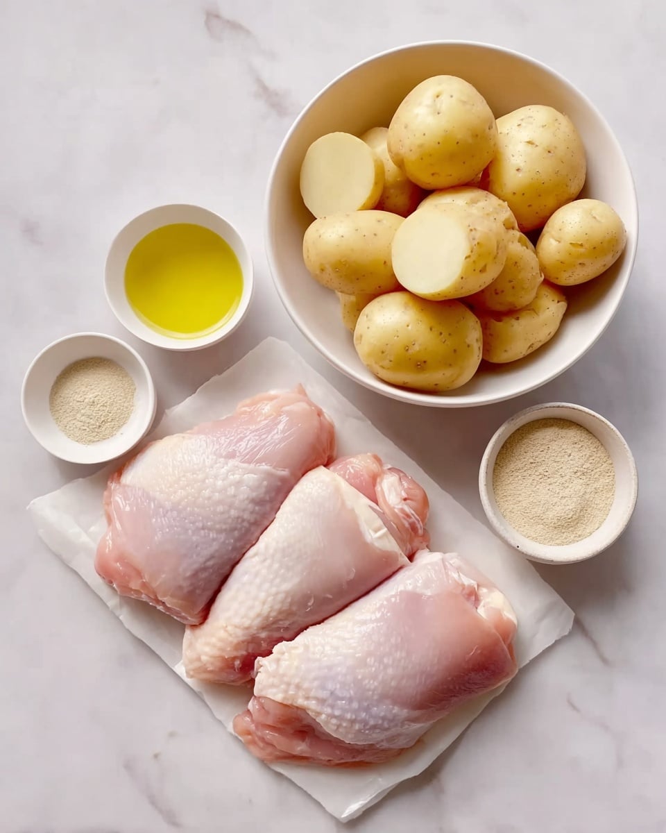 The image shows three raw pale pink chicken pieces with white fat streaks placed in the lower right on a white marbled surface. Above them to the right is a white bowl filled with whole small light beige potatoes, some of which are cut in half revealing their white inside. To the left of the potatoes is a smaller white bowl with pale yellow oil, and below that is another small white bowl holding a light tan powder. All items are neatly arranged and there are no shadows or other objects in the background photo taken with an iphone --ar 4:5 --v 7