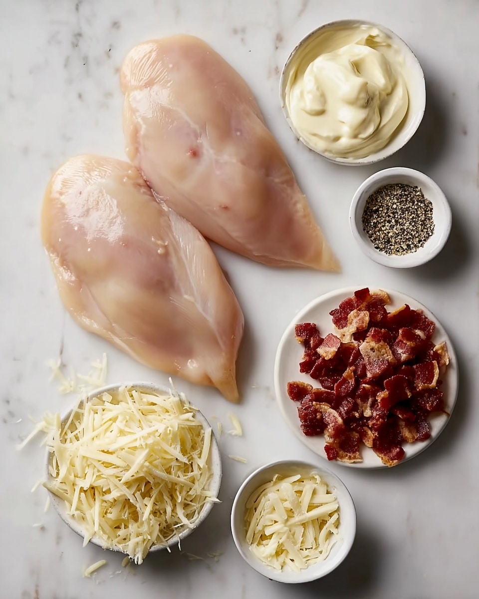 The image shows two raw chicken breasts placed side by side on a white marbled surface. Above the chicken breasts, there is a bowl filled with a creamy, thick, pale yellow mixture and a small white bowl containing black pepper. Below the chicken breasts are small piles and bowls: shredded cheese with a pale yellow color, crispy bacon pieces with a reddish-brown color, a small white bowl with a white powder, and another small white bowl with ground black pepper. All items are arranged neatly and spaced out evenly. Photo taken with an iphone --ar 4:5 --v 7