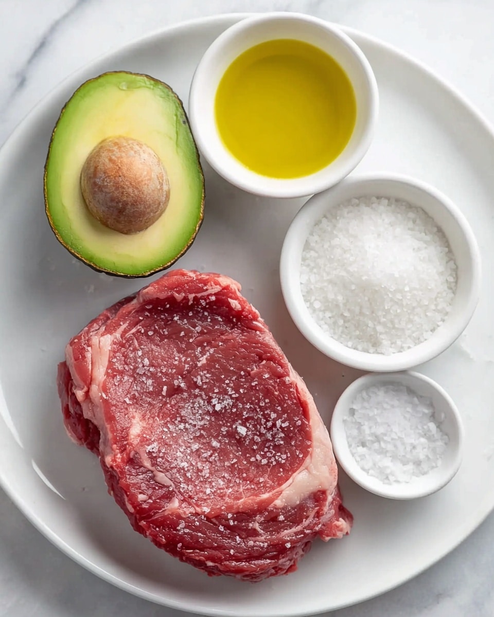 The image shows a white plate with four food items placed on a white marbled surface. At the bottom right, there is a raw red steak with white marbling and some salt sprinkled on top. Above the steak is a small white bowl filled with light yellow olive oil. To the left of the olive oil, there is half an avocado showing its green inside and brown seed. Below the avocado is a larger white bowl filled with coarse white salt, and below that, a smaller white bowl also filled with fine white salt. The overall setup looks clean and fresh, with each ingredient clearly visible and spaced. photo taken with an iphone --ar 4:5 --v 7