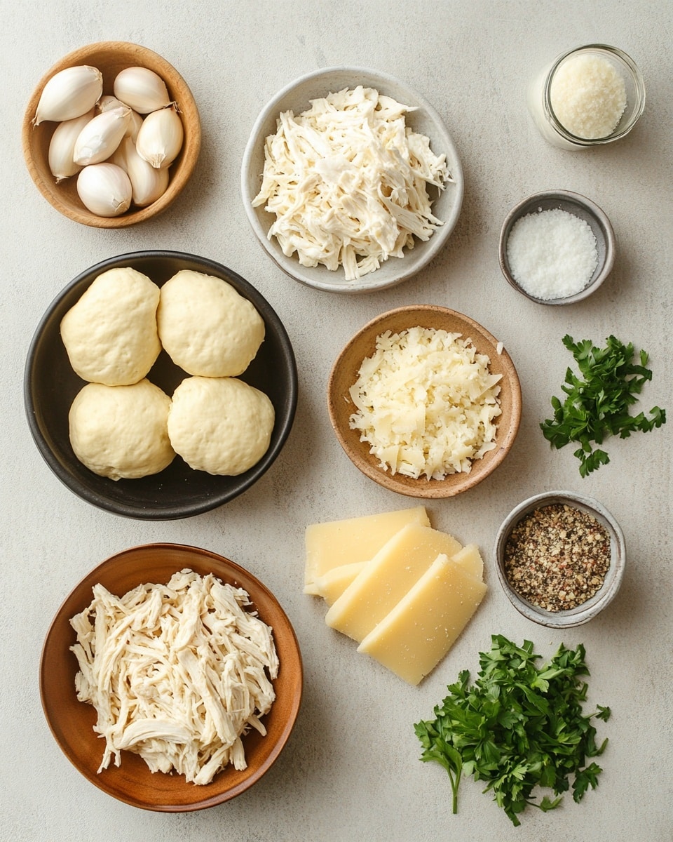 A round bread ring with a golden-brown top that looks crispy and shiny, with melted white cheese bubbling up in uneven patches across the surface. The bread is cut into eight sections but kept together, revealing soft, creamy cheese inside. Small green herbs are sprinkled evenly on top, adding a fresh color contrast. The bread rests on white parchment paper over a white marbled surface photo taken with an iphone --ar 4:5 --v 7