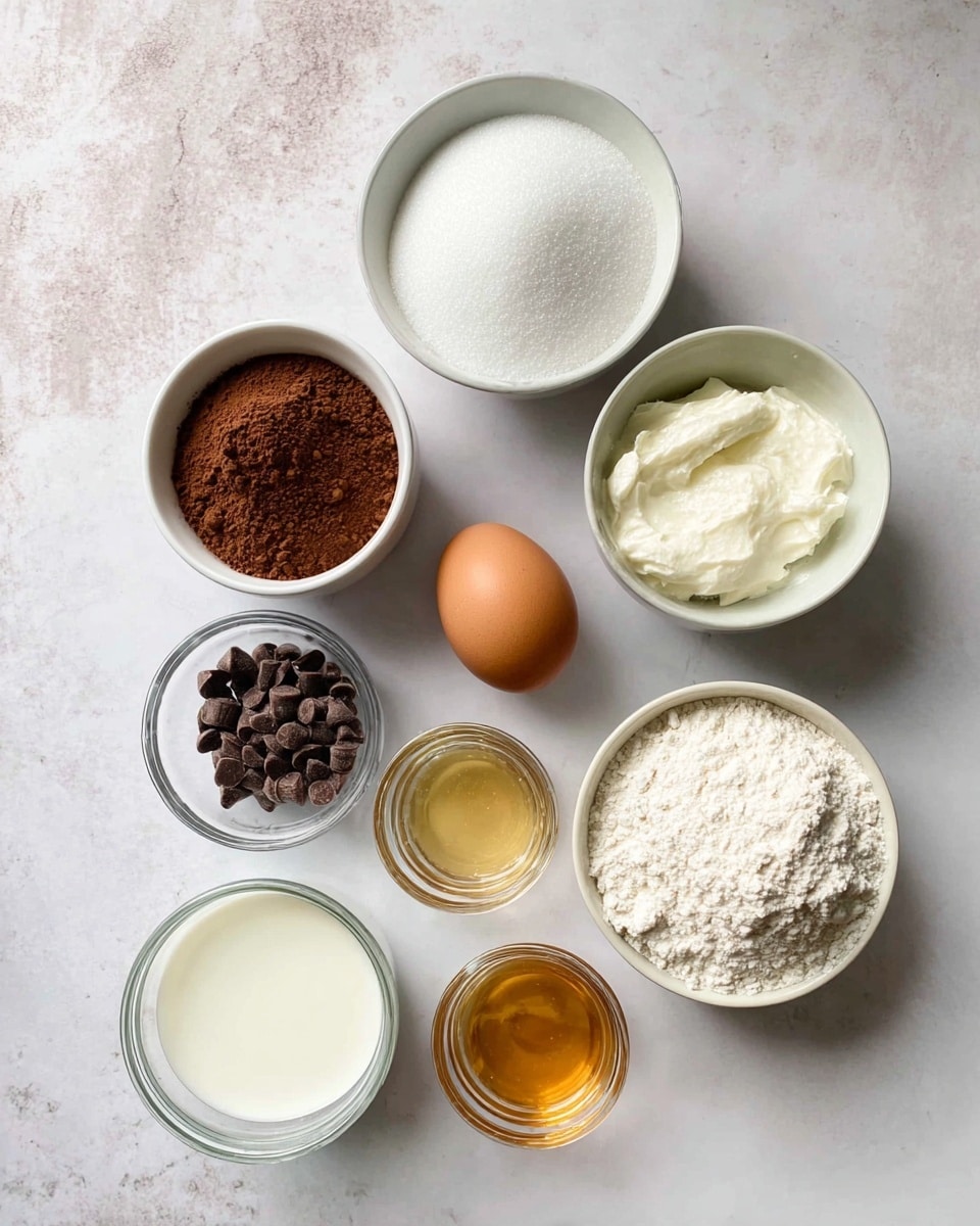 The image shows seven clear and white bowls arranged in a loose circle on a white marbled surface, each filled with different baking ingredients. At the top center is a white bowl filled with white granulated sugar. To the right, an egg sits alone on the marble. Below the egg, a small clear bowl holds dark brown chocolate chips. At the bottom right, a white bowl filled with rich brown cocoa powder is visible. Near the center, a clear bowl has white, thick, creamy yogurt. To the left of the yogurt, a white bowl contains white flour. Below the flour, a clear bowl shows a small amount of white liquid, likely milk. Lastly, below the yogurt and milk, a very small clear bowl holds a golden liquid, likely vanilla extract. The photo taken with an iphone --ar 4:5 --v 7