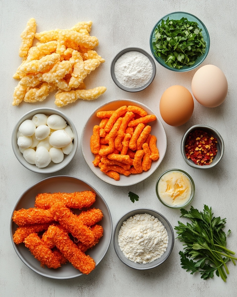 The image shows a close-up view of several bright red crispy sticks, each coated with rough, crunchy crumbs and filled with melted white cheese that is slightly oozing out of one stick. These red sticks are arranged on a white plate, and part of a small round bowl with a white creamy sauce inside is visible on the left side. The whole scene sits on a white marbled surface, making the vivid red sticks stand out strongly. Photo taken with an iphone --ar 4:5 --v 7