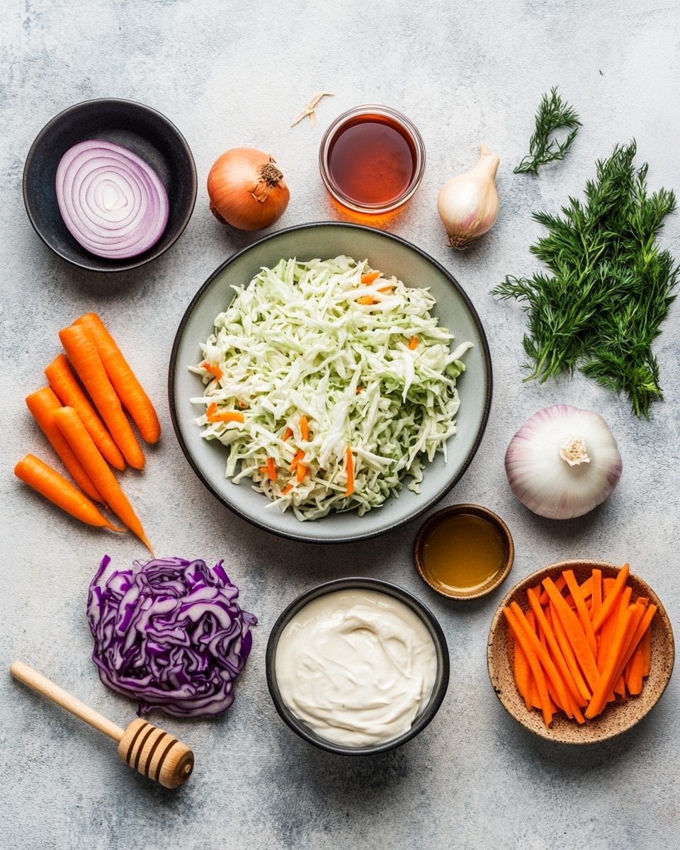 A clear glass jar filled with layers of shredded vegetables, starting with pale green cabbage at the bottom, followed by bright orange carrot strips, thin purple cabbage pieces, and topped with a few green pickle slices sprinkled with small red chili flakes and black pepper seeds, all mixed with a light, slightly shiny dressing. The jar sits on a wooden surface with a blurred second jar and kitchen items in the white marbled background. photo taken with an iphone --ar 4:5 --v 7