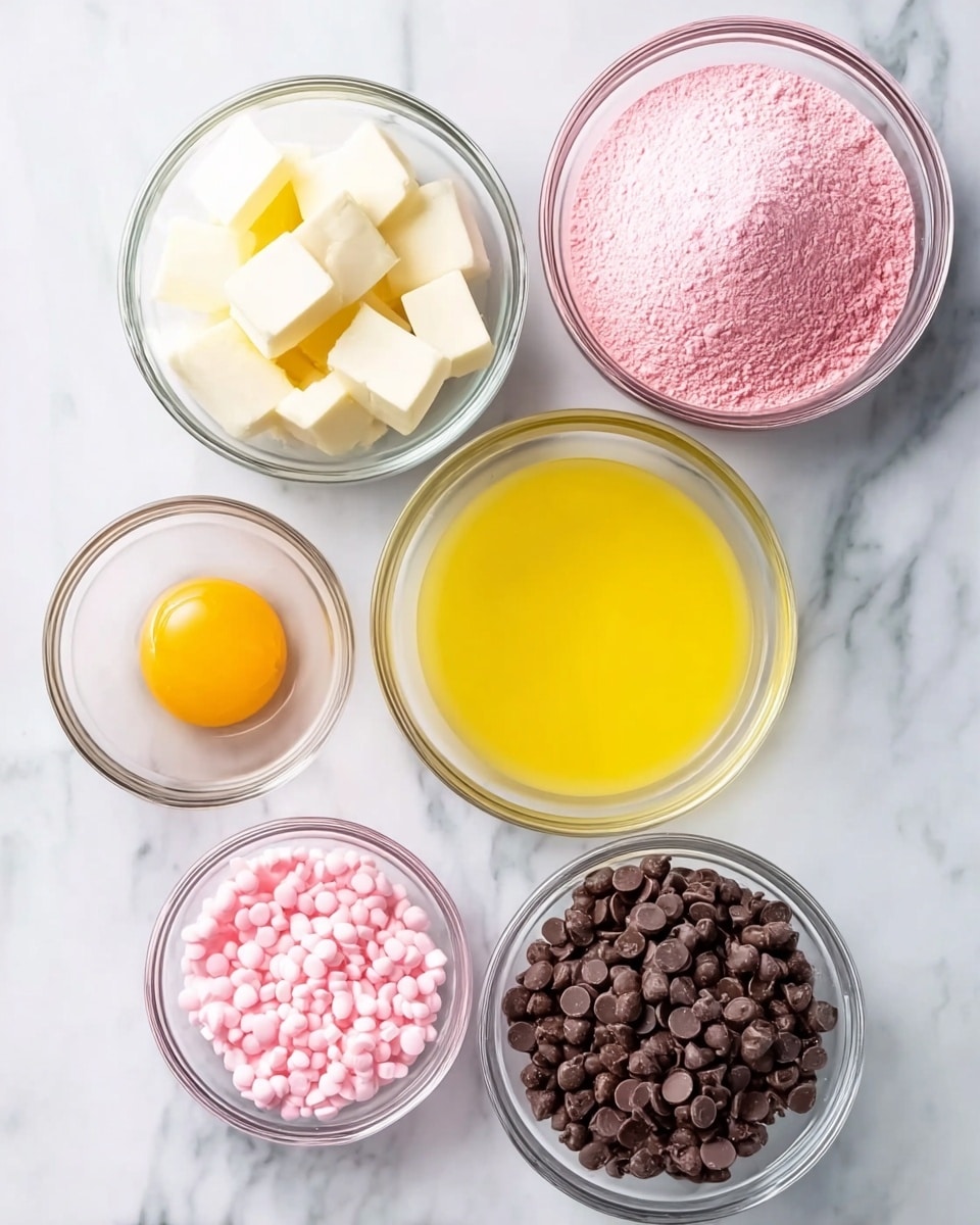 Seven clear glass bowls with ingredients lay on a white marbled surface. The top left bowl holds bright pink sprinkles with a grainy texture. To its right, a larger bowl contains pale pink powder, fluffy and fine. Below the sprinkles, a small bowl has small light pink candy pieces. In the center, a large bowl is filled with smooth, vibrant yellow melted butter. Below that on the left side, a small bowl contains an egg with a yellow yolk and clear white. In the bottom middle, a small bowl holds several white square pieces of solid butter. On the right bottom side, a bigger bowl is filled with dark brown chocolate chips, smooth with a shiny surface. photo taken with an iphone --ar 4:5 --v 7