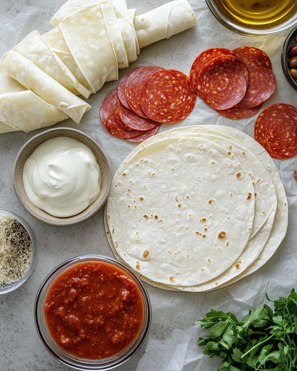The image shows a stack of five thin rolled snacks on a white plate with a black rim, placed on a white marbled surface. Each roll has three visible layers: a golden-brown outer layer, a deep reddish layer inside which looks like a sauce, and a white layer that seems to be melted cheese in the center. The rolls are arranged with four stacked and one leaning on top in front. Next to the rolls is a small clear bowl filled with a thick red sauce with a spoon inside. In the background, more rolled snacks are laid out on another white plate. Fresh green parsley is partially visible at the bottom right corner. Photo taken with an iphone --ar 4:5 --v 7