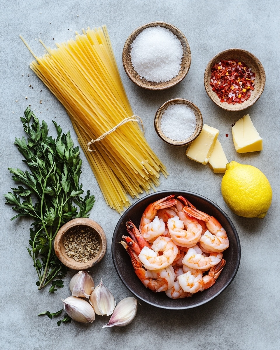 This image shows a silver frying pan filled with thin cooked spaghetti pasta layered across the pan. On top of the pasta are multiple pinkish-orange shrimp with white flesh, some slightly curled. Bright green parsley leaves are scattered evenly over the entire dish. A lemon wedge with a bright yellow peel and juicy inside is placed on the right side of the pan. The pan rests on a white marbled surface. Photo taken with an iphone --ar 4:5 --v 7