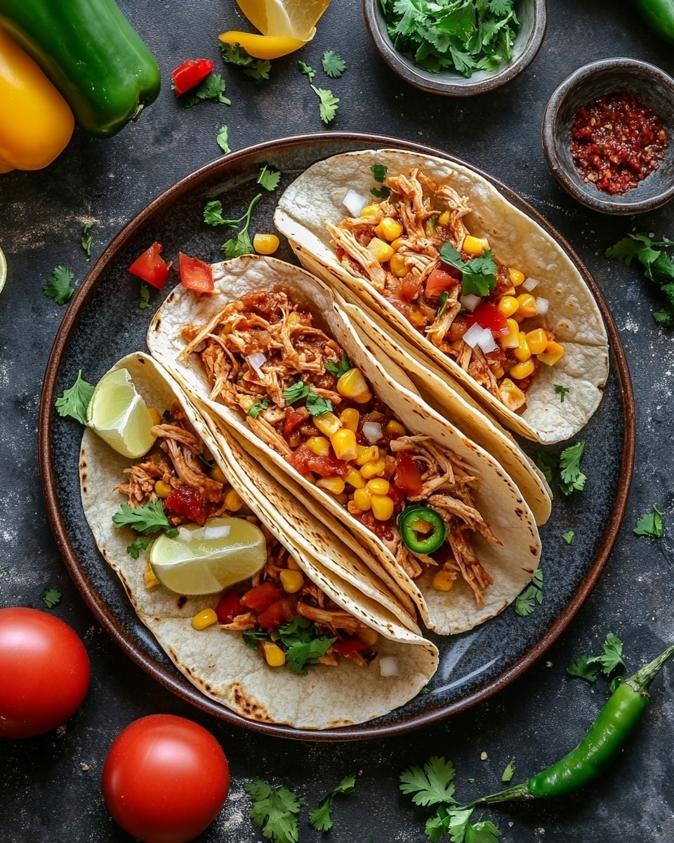 The image shows three tacos arranged in a row on a white plate, placed on a white marbled surface. Each taco has two golden-yellow corn tortillas, slightly crisp and folded. Inside, there is a layer of shredded light-colored chicken mixed with small yellow corn kernels. On top of the chicken and corn, there is a layer of melted white cheese that looks creamy and smooth. The tacos are garnished with small green herb leaves, adding a fresh touch to the warm colors. Photo taken with an iphone --ar 4:5 --v 7