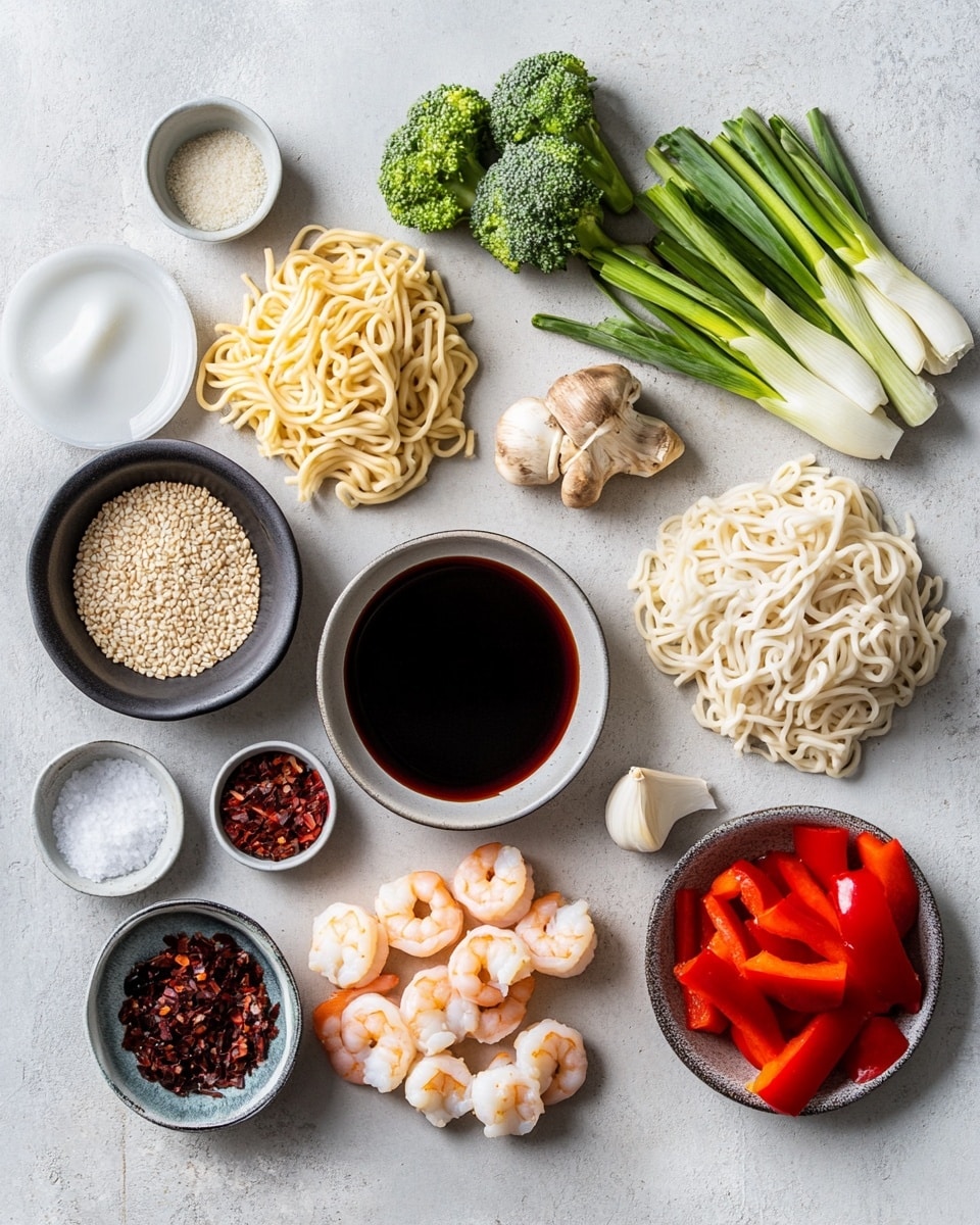A white plate full of cooked curly light yellow noodles as the base layer, topped with six large cooked shrimp with pink and orange shells and a slightly browned texture, arranged evenly around the plate. Fresh green leaves are scattered on top of the shrimp and noodles, adding a touch of bright green color. The white plate sits on a white marbled surface, with a spoon and fork resting on a cloth napkin nearby. The lighting is natural, showing the glossy texture of the shrimp and the soft look of the noodles photo taken with an iphone --ar 4:5 --v 7