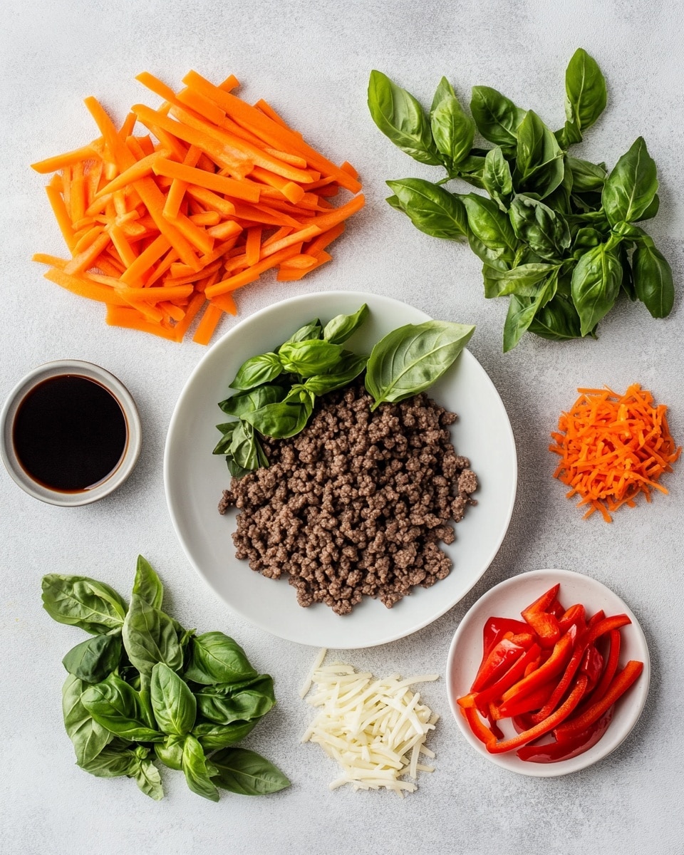 The image shows five crispy golden-brown fried spring rolls arranged in two rows on a white plate, placed on a wooden tray. One spring roll is broken open, revealing dark shredded filling inside. The spring rolls are sprinkled with chopped green onions and surrounded by fresh green basil leaves, bright green lettuce, sliced red chili, and lime wedges. Two small rustic bowls filled with dark chili sauce with chili pieces sit at the top left corner. The scene is set on a white marbled texture. Photo taken with an iphone --ar 4:5 --v 7